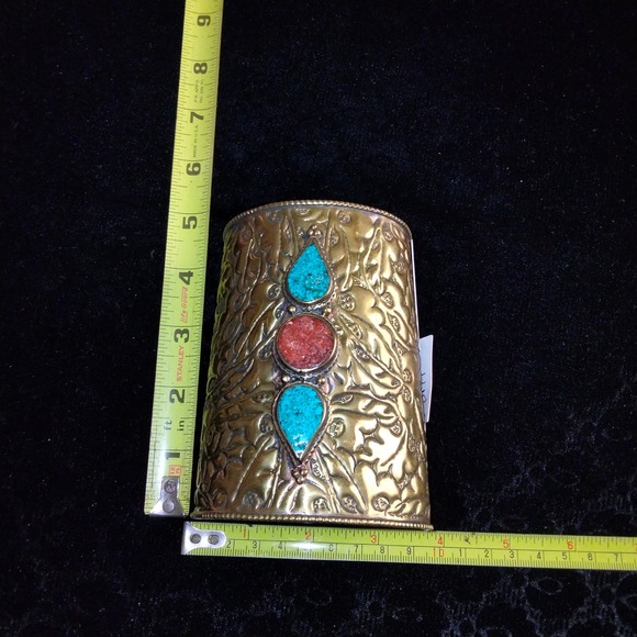 Iris Apfel & Bajalia Brass Turquoise & Coral Inlay HUGE Statement Cuff Bracelet - Picture 6 of 16